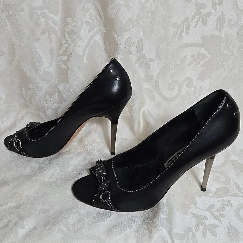 Manolo Blahnik Black Leather Open Peep Toe Silver Metal Heel Shoes Heels